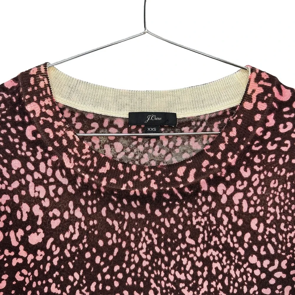 J. CREW 100%‎ Merino Wool Crew Neck Sweater • XXS • pink, brown, leopard print